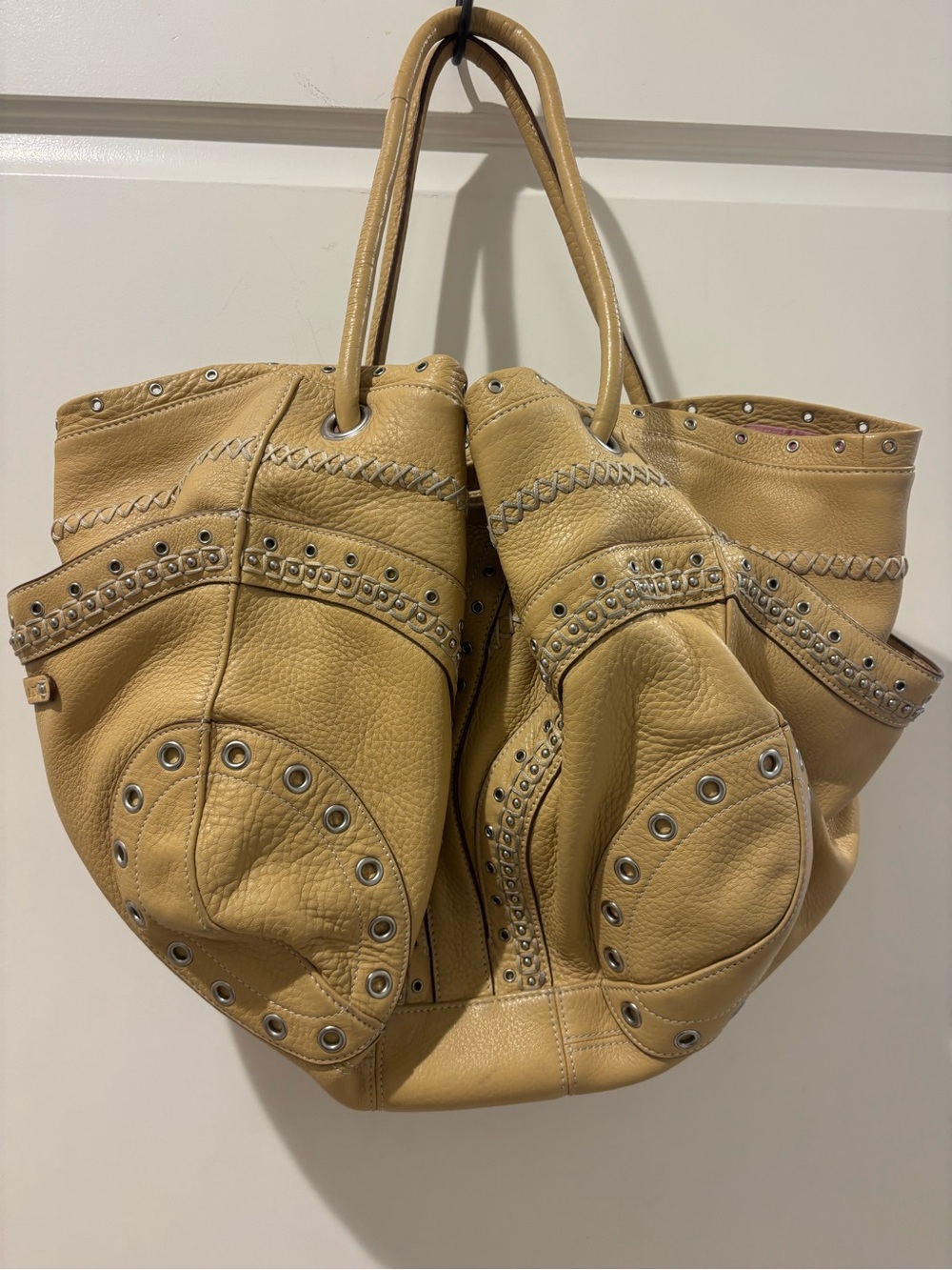 Vintage 90’s Vole Haan Studded Leather Tote in pale yellow.